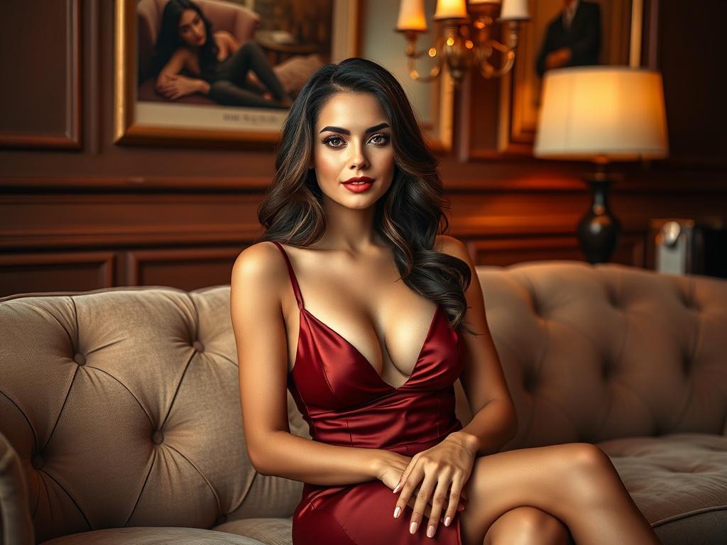 A stunning, elegantly dressed female escort in a luxurious setting, showcasing sophistication and charm. The composition features her seated on a plush sofa, with a soft, ambient light highlighting her features. The background includes tasteful decor, emphasizing a classy and inviting atmosphere. The color scheme is warm, with rich tones that create a sense of intimacy. The focus is solely on the escort, capturing her confidence and allure, while the environment enhances the overall luxurious feel.