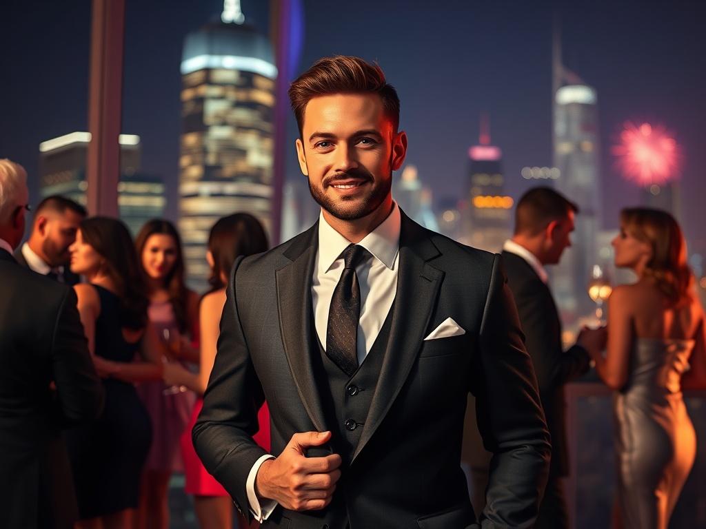 A charismatic male escort in a stylish suit, standing confidently at a sophisticated event. The scene captures him engaging with guests, with a sparkling city skyline in the background. The composition highlights his magnetic personality and stylish attire. The mood is vibrant and upscale, with soft lighting that emphasizes the elegance of the occasion. The focus remains on the escort, radiating charm and sophistication, making it clear that he is the life of the party.