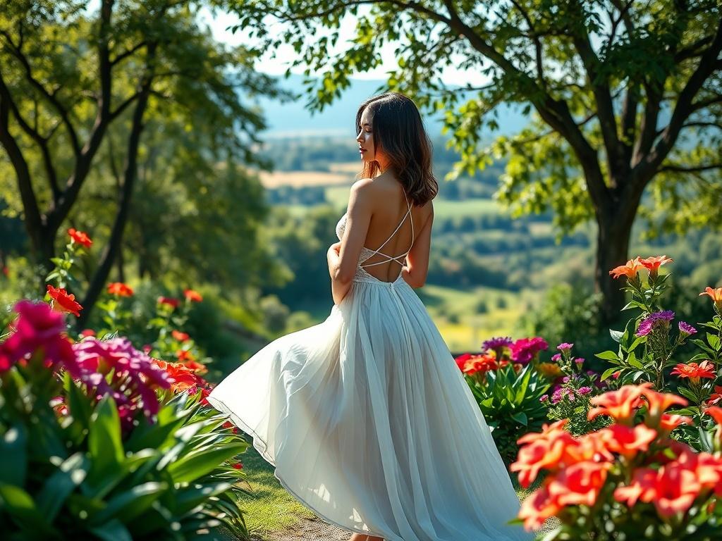 A tranquil, serene setting featuring a professional escort in a beautiful garden. The escort is dressed in a flowing dress, surrounded by lush greenery and vibrant flowers. The composition emphasizes relaxation and peace, with soft sunlight filtering through the trees. The background showcases a picturesque landscape, creating an inviting atmosphere. This image captures the essence of a refreshing escape, highlighting the escort's graceful presence amidst nature's beauty, appealing to clients seeking a calm