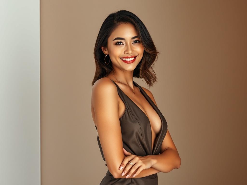 A photorealistic image of an elegant and confident female escort standing against a minimalistic, stylish background. She has a warm, inviting smile and is dressed in a sophisticated outfit. The lighting is bright and highlights her features, creating a vibrant atmosphere. The color palette should feature bold, vibrant colors, ensuring a focus on essential elements with clean lines.