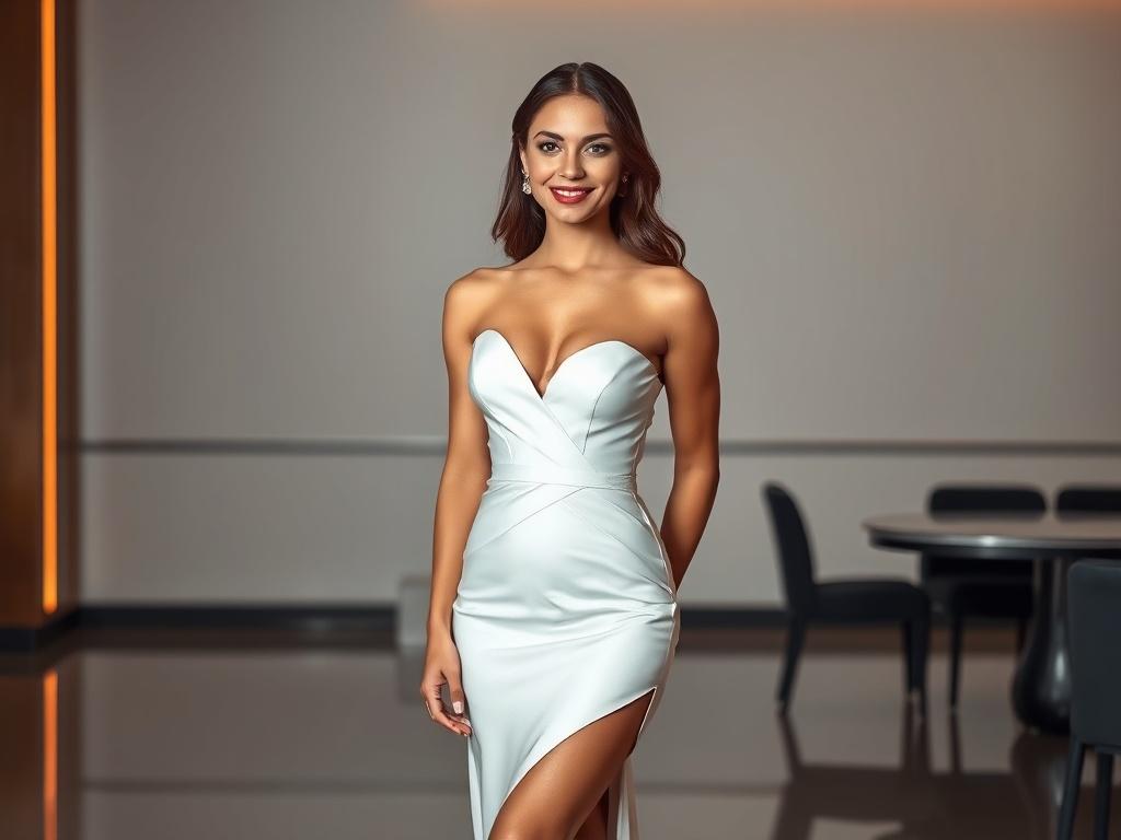 A realistic high-resolution photo of an elegant female escort standing confidently in a sophisticated setting. She has a captivating smile, dressed in a stylish evening gown. The background is minimalistic, with clean lines and bold, vibrant colors, emphasizing her beauty and poise. The image conveys a sense of luxury and exclusivity, inviting viewers into a world of elegance.