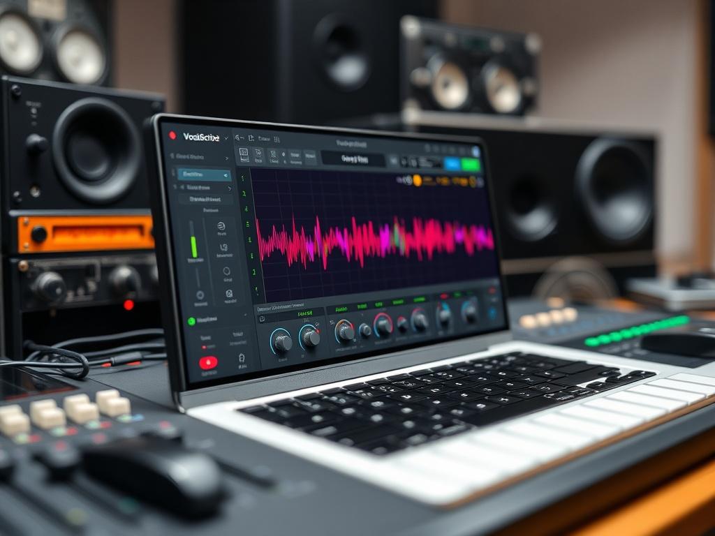 A close-up shot of a digital audio workstation displaying the VocalScribe v1.0.0 plugin interface with colorful waveforms and controls visible, set against a blurred background of music production equipment.