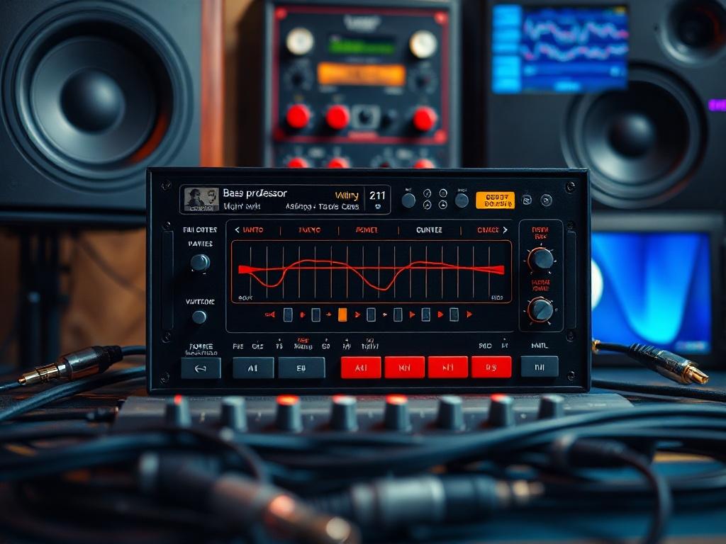 A close-up shot of the Bass Professor v2.1 plugin interface showcasing its vibrant controls and settings, surrounded by a backdrop of studio monitors and audio cables.