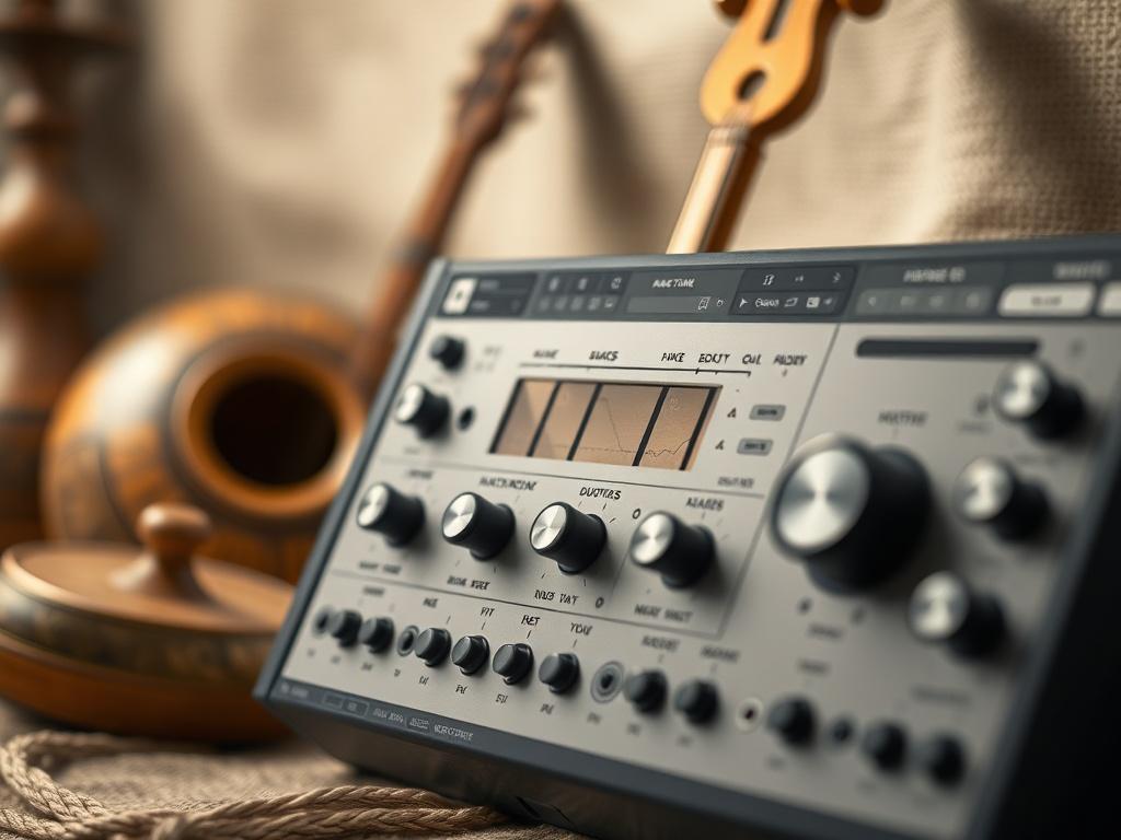 A close-up shot of the Ancient Voices plugin interface displaying its unique controls and presets, set against a soft-focus background of ancient musical instruments.