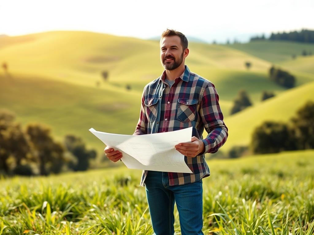 A close up shot of a confident landowner standing in
