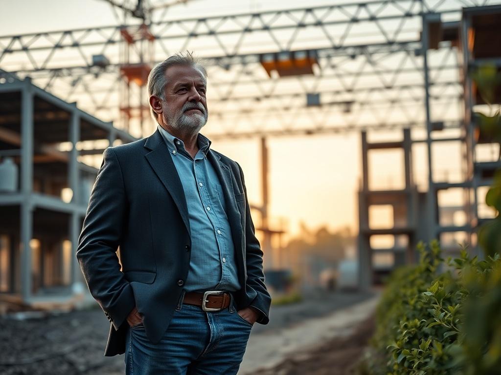 Create a realistic high-resolution photo focusing on a single subject that embodies the essence of a property developer's journey. The image should feature a middle-aged man, looking confident and contemplative, standing before a partially constructed building site. He should be dressed in smart-casual attire, including a well-fitted blazer, jeans, and sturdy boots, symbolizing the blend of professionalism and hands-on engagement required in property development.

In the background, capture elements of the 