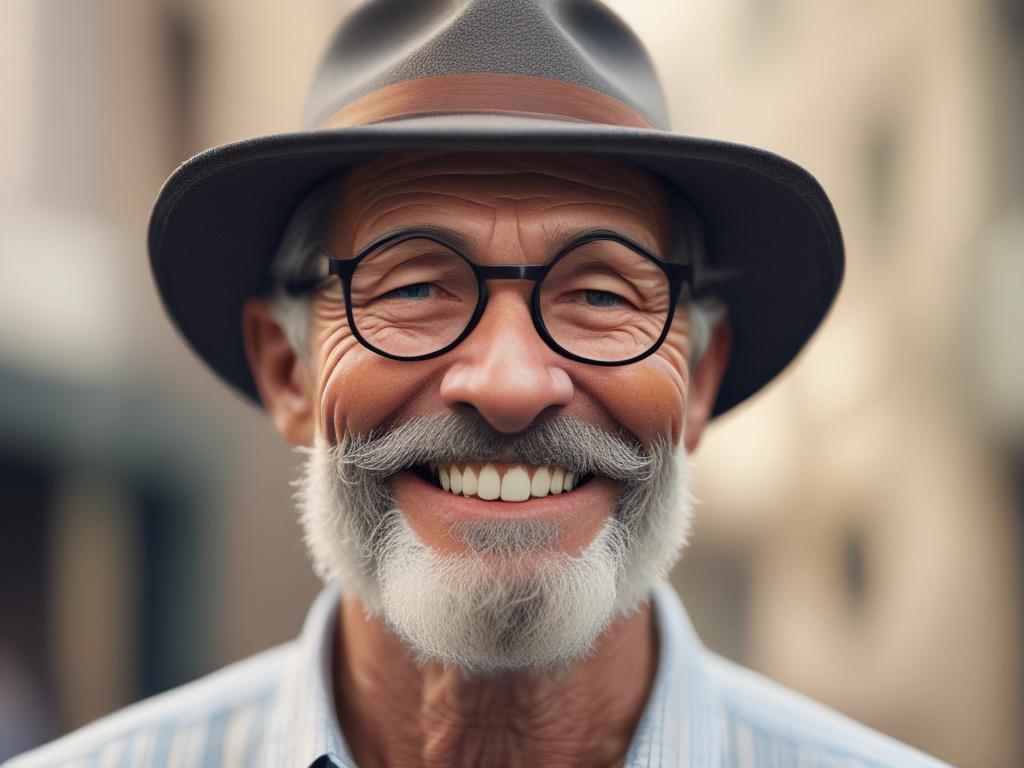 A close-up hyper-realistic photo of a confident middle-aged person smiling gently, shot with a 45mm f/1.2 lens style. The background is softly blurred, featuring subtle tones of rgb(0, 137, 244), conveying a sense of calm and balance.