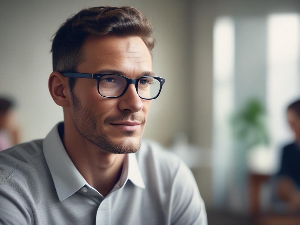 A hyper-realistic close-up image of a wellness coach attentively listening during a consultation, shot with a 45mm f/1.2 lens style. The background features smooth gradients incorporating rgb(0, 137, 244) hues, emphasizing focus and care.