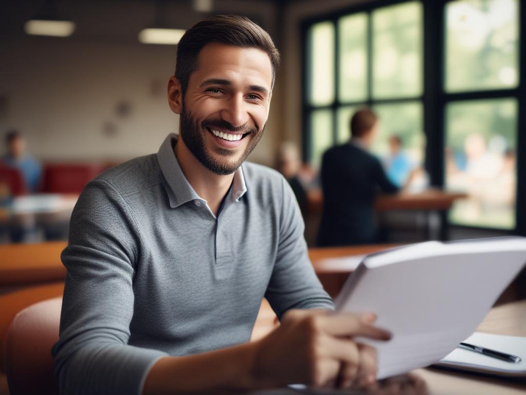 A hyper-realistic close-up photo of a smiling coach holding a notebook during a lifestyle coaching session, shot with a 45mm f/1.2 lens style. The background softly incorporates rgb(0, 137, 244) tones, creating an inviting and motivational atmosphere.