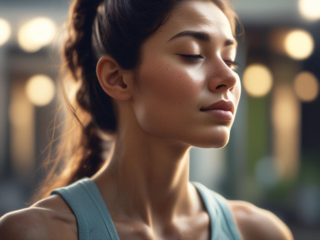 A hyper-realistic close-up photo of a serene individual practicing deep breathing exercises in a calm, softly lit environment. Shot with a 45mm f/1.2 lens style, the image features gentle natural tones compatible with rgb(0, 137, 244). The background is unobtrusive, emphasizing tranquility and focus.