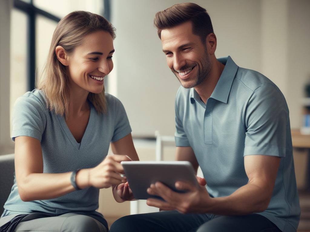 A close-up, hyper-realistic photo of a focused wellness coach holding a tablet, engaging with a client. The background is softly blurred to emphasize the coach, shot with a 45mm f/1.2 lens style, featuring natural lighting and a color palette compatible with rgb(0, 137, 244). The composition is simple and clear, highlighting motivation and support.