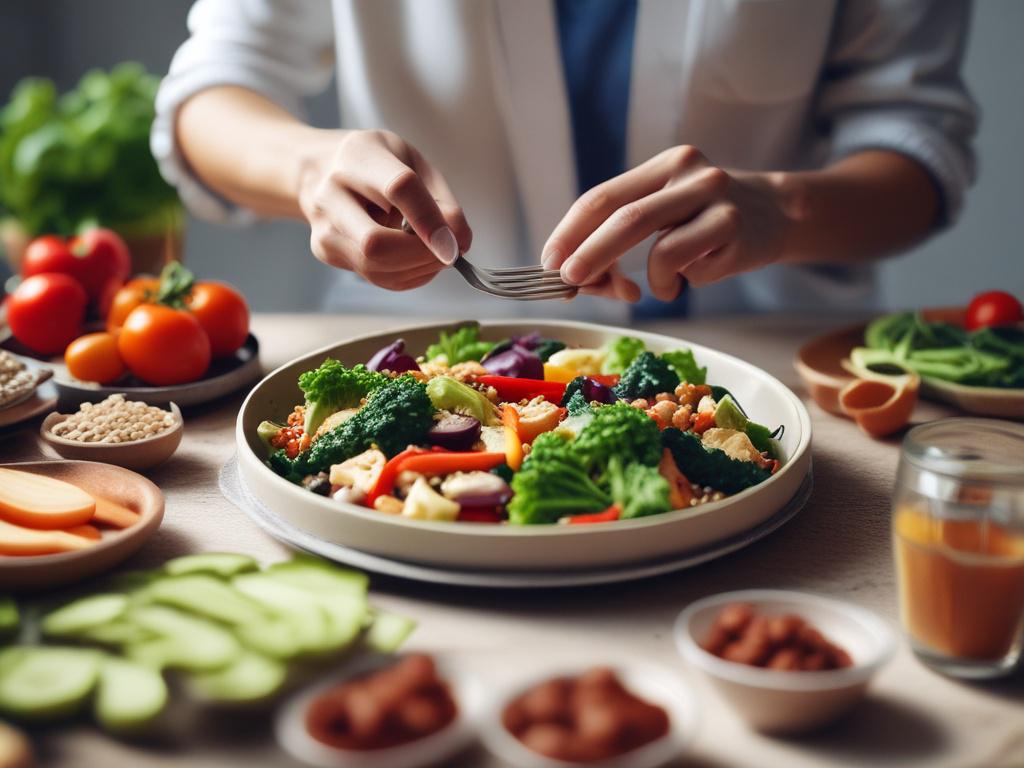 A hyper-realistic, close-up photo of a nutritionist preparing a colorful, balanced meal with fresh vegetables and grains. The image is shot with a 45mm f/1.2 lens style, featuring bright, natural light and color tones aligned with rgb(0, 137, 244). The background is minimalistic and softly blurred to keep focus on the nutritious food preparation.