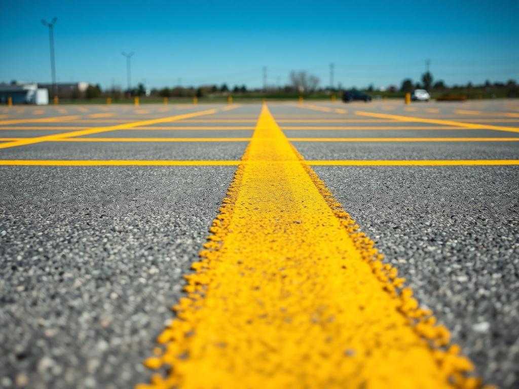 A close up shot of freshly striped parking lot lines