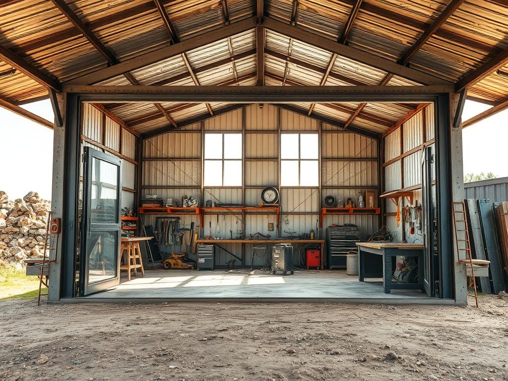 A functional steel workshop designed for durability and efficiency, showcasing large windows and ample space for work. The workshop is situated in a rugged outdoor environment, with tools and equipment visible through the open doors. The image highlights the workshop's sturdy construction and practical layout, demonstrating its suitability for various projects. Bright natural light floods the interior, emphasizing the steel structure's strength and versatility. The background is simple, directing attention 