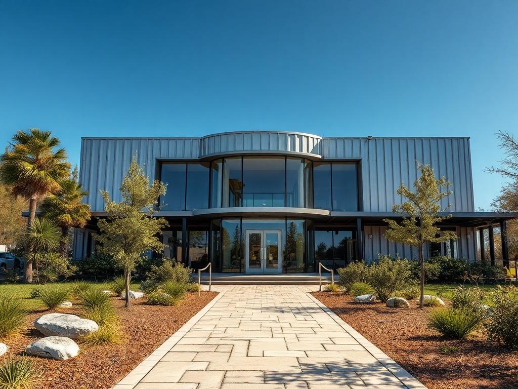 A luxurious steel building showcasing modern architecture. The structure is sleek and polished with large glass windows, surrounded by a beautifully landscaped area featuring greenery and decorative stones. The sky is bright blue, highlighting the building's shiny metal exterior. The foreground has a well-maintained pathway leading up to the entrance. The overall composition reflects elegance and sophistication in a natural setting.