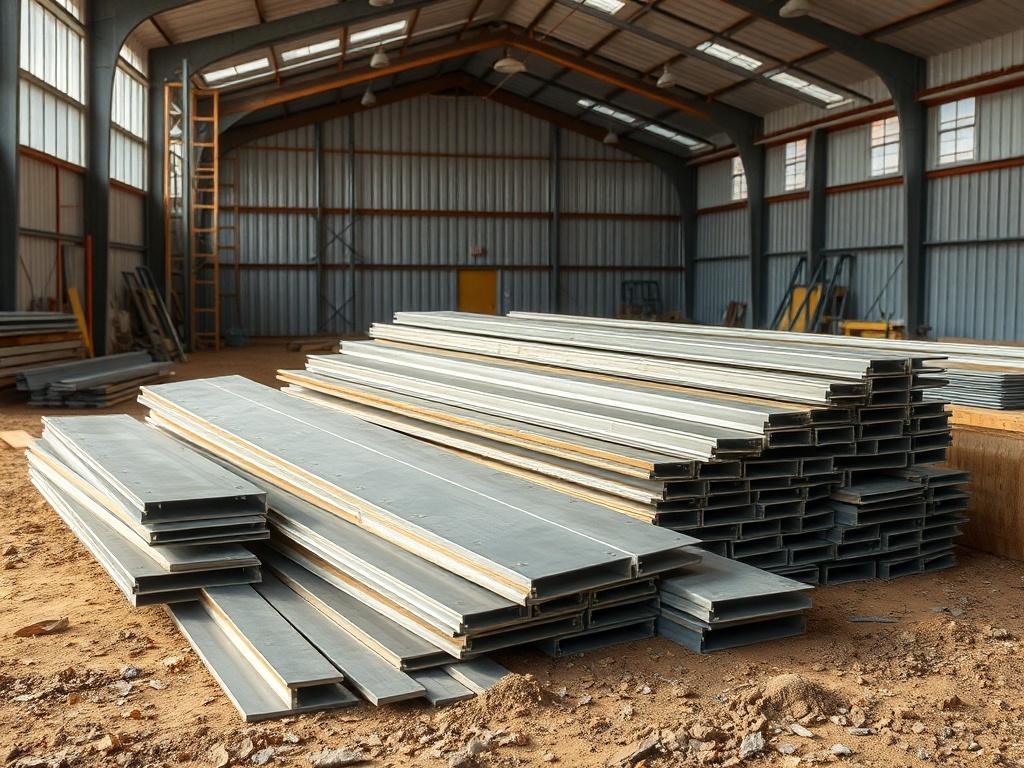 A high-resolution image of a steel building kit displayed in a well-lit environment. The kit should be showcased with various pre-cut steel pieces laid out neatly, along with a backdrop of a partially constructed steel building. Natural tones and earthy textures should dominate the scene, reflecting a grounded aesthetic.