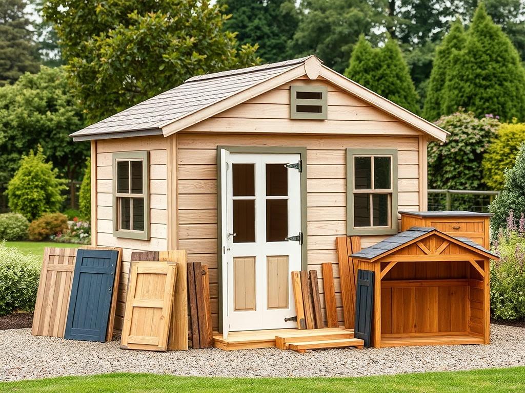 A high-resolution image of a customizable shed kit displayed in an outdoor setting. The image should showcase various shed components with different design options, including doors, windows, and roofing styles. The background should feature a lush garden or backyard, emphasizing the shed's aesthetic appeal.