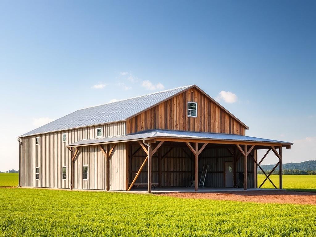 A high-resolution image showcasing the completion of a pole barn installation, featuring a rustic pole barn set against a vibrant green field. The barn is made of wood and metal, reflecting a traditional yet sturdy design. The scene captures the beauty of rural life and craftsmanship.