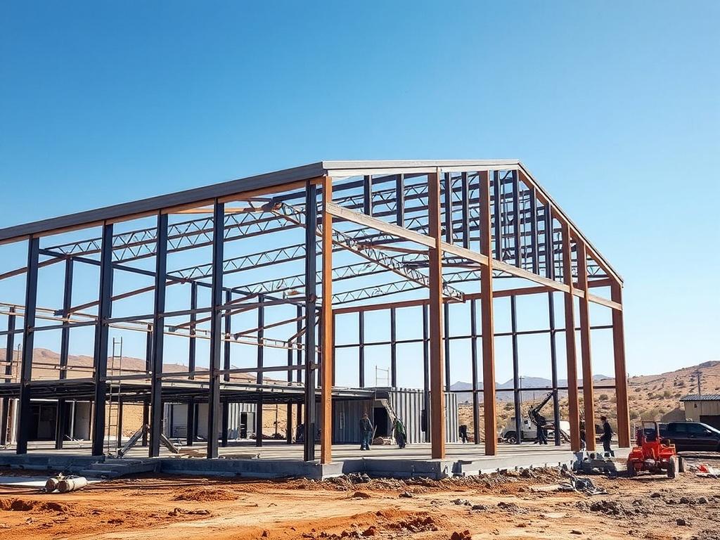 A high-resolution image of a construction site featuring a partially completed steel building kit, with workers actively assembling the structure. The background shows a clear blue sky and natural earthy tones of the surrounding landscape. The scene conveys a sense of progress and craftsmanship.