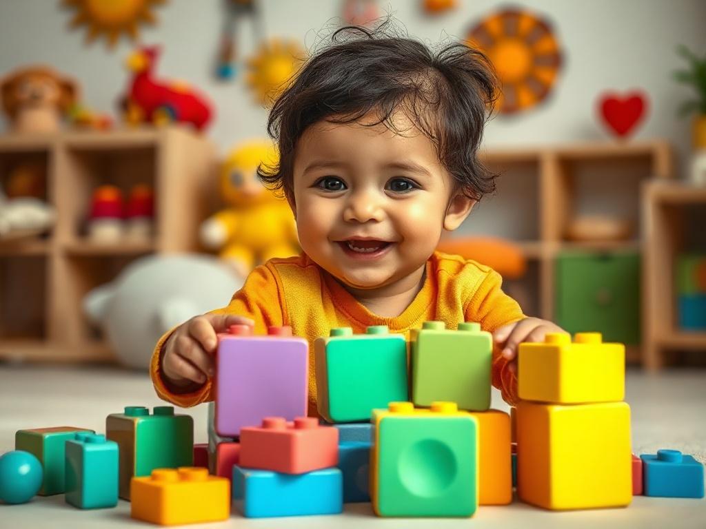 A cheerful toddler playing with colorful building blocks in a safe and nurturing preschool environment. The setting is warm and inviting, with soft toys and vibrant decor in the background. The focus is on the toddler's engaged expression as they explore their surroundings, conveying a sense of joy and curiosity. The color palette includes bright and vibrant hues that reflect a lively learning atmosphere.