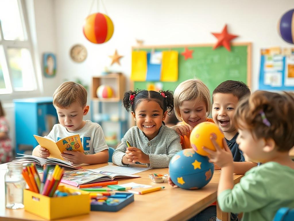 A lively afterschool scene with children engaging in various activities such as reading, arts and crafts, and group games. The setting is bright and inviting, with children interacting positively. The image captures the essence of fun and learning, with colorful supplies and materials visible. The focus is on the children’s happy expressions while learning and playing together after school hours.