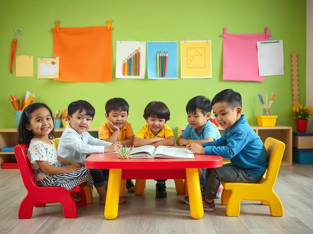 A group of preschoolers engaged in a fun learning activity, sitting around a colorful table with books and educational materials. The children are focused and smiling, showcasing their excitement for learning. Brightly colored posters and art supplies adorn the walls, creating a vibrant and stimulating atmosphere. The image emphasizes teamwork and collaboration among the kids, highlighting the social aspect of learning.