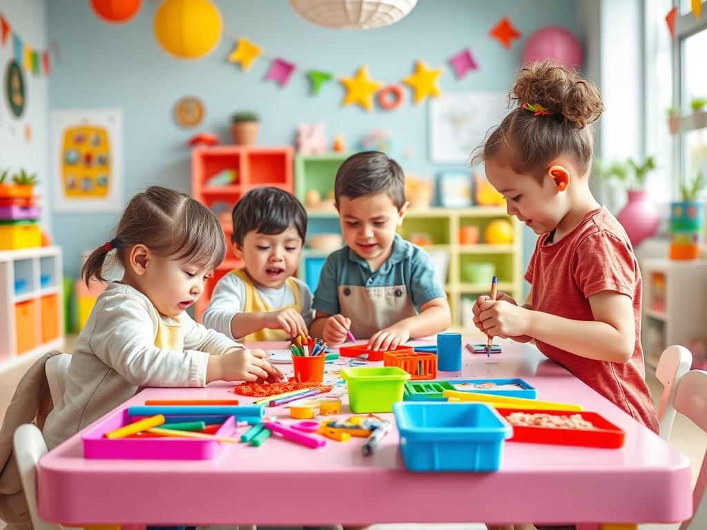 A vibrant childcare setting featuring a group of young children engaged in creative arts and crafts, with colorful materials spread out on a table. The background shows playful decorations, bright colors, and an inviting atmosphere, highlighting the joy of learning through play.