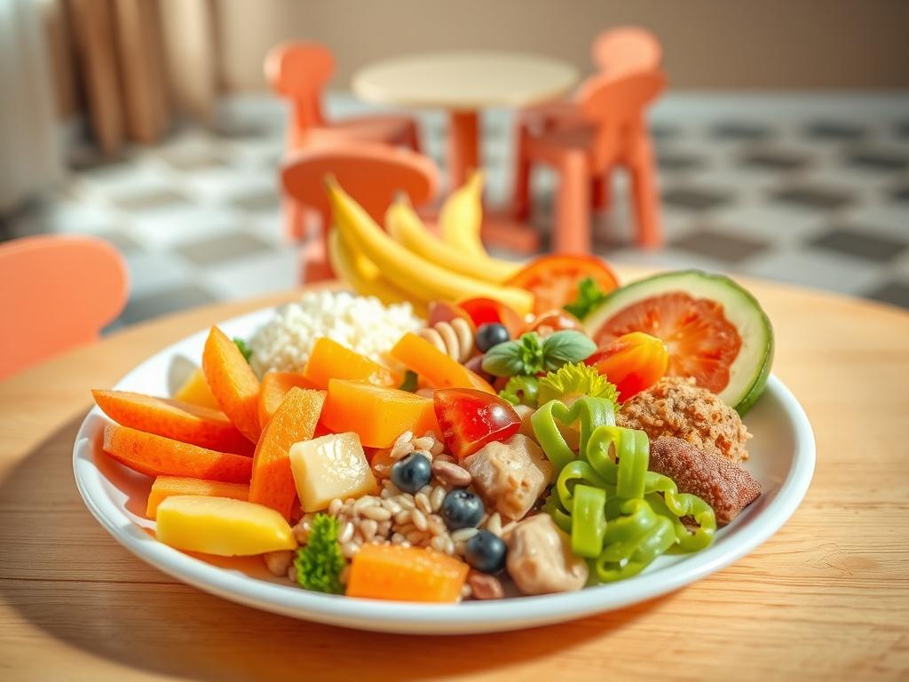 A colorful and inviting plate of healthy meals suitable for children, including fruits, vegetables, whole grains, and proteins. The background features a cheerful dining area with child-sized tables and chairs, creating a warm atmosphere for mealtime.
