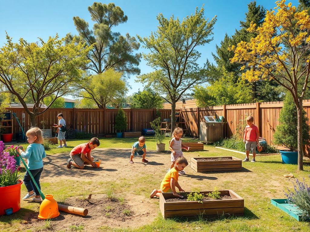 A sunny outdoor play area filled with children playing and exploring nature, with trees, flowers, and gardening tools. The scene captures the joy of outdoor activities, showcasing children engaged in teamwork and exploration under a clear blue sky.