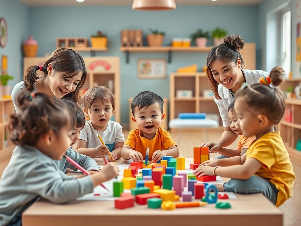 A vibrant daycare setting with children engaged in various activities such as painting, building blocks, and group games. The scene should be lively, filled with bright colors and joyful expressions, showcasing a nurturing environment with caregivers interacting positively with the kids.
