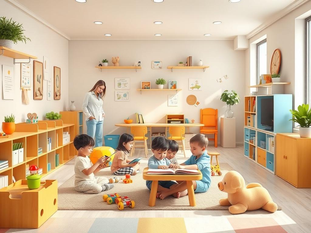 A cozy, well-organized daycare space showcasing children playing with toys and reading books. The setting should appear safe and inviting, with caregivers attentively watching over the children, emphasizing a protective and caring environment.