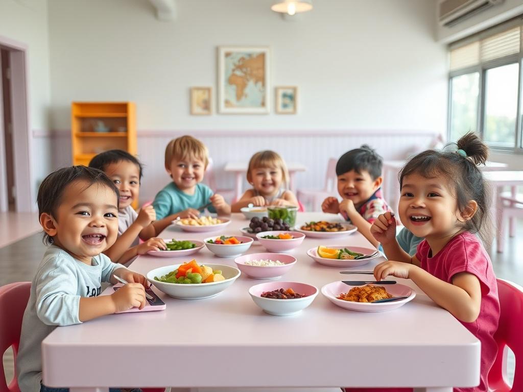 A cheerful dining area in a daycare with children happily eating nutritious meals. The table is filled with colorful, healthy dishes and smiling faces, highlighting a warm atmosphere where children enjoy their food together.