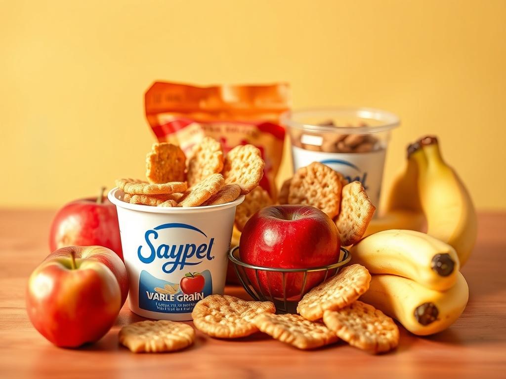 A high-resolution photo showcasing a delightful afternoon snack for children, including yogurt cups, whole grain crackers, and an assortment of fresh fruits like apples and bananas. The image should have a bright, cheerful background that reflects a fun and healthy snack time.