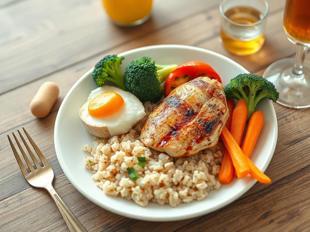 A vibrant, high-resolution image of a nutritious lunch plate for kids, featuring grilled chicken, brown rice, steamed broccoli, and colorful carrot sticks. The lunch setting should be inviting, with a cheerful table setting that illustrates a healthy and enjoyable dining experience.