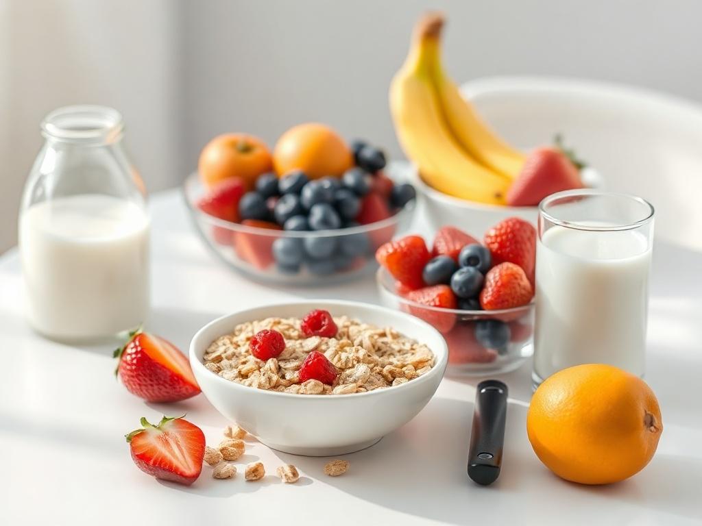 A high-resolution photo of a colorful breakfast spread for children, featuring oatmeal, whole grain cereal, fresh fruits, and a glass of milk. The setting should be bright and cheerful, with a clean table background that emphasizes the freshness and healthiness of the food.