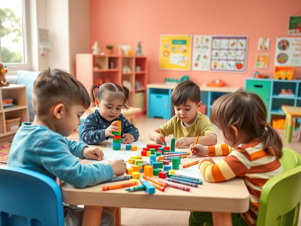 A vibrant, realistic high-resolution photo of children aged 5-12 engaged in a variety of fun activities at a daycare setting. The scene includes children playing with building blocks, drawing with crayons, and participating in a group game. The background features bright, cheerful colors, with educational posters on the walls and colorful toys scattered around, creating an inviting and energetic atmosphere.
