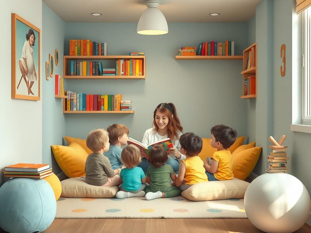 A cozy reading nook within a preschool setting, featuring a group of children gathered around a teacher as she reads a colorful storybook. The environment should be inviting, with plush cushions, shelves filled with books, and a warm light illuminating the scene.