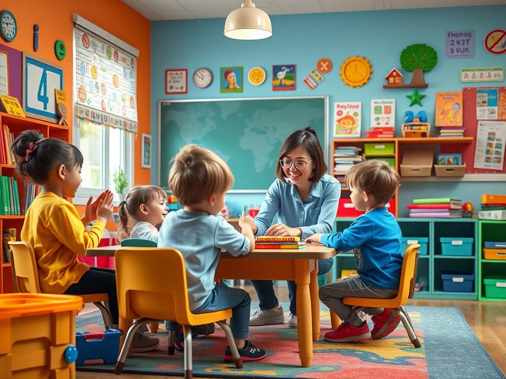 A vibrant classroom scene with young children engaged in a fun learning activity, surrounded by colorful educational materials. The room should have bright walls, playful decorations, and a warm atmosphere, showcasing children happily participating in a phonics lesson with an attentive teacher.