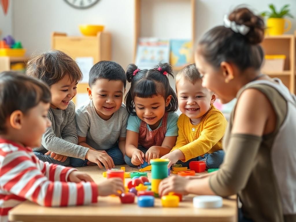 A diverse group of preschool children engaged in a collaborative play activity, smiling and interacting with one another while a teacher provides guidance. The setting should be bright and cheerful, filled with toys and learning materials that promote teamwork and social interaction.