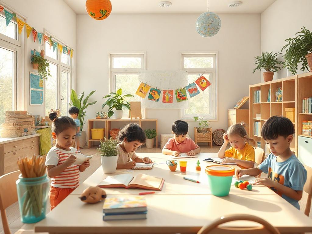 A bright, cheerful classroom setting with children engaged in various activities such as reading, drawing, and playing with educational toys. The room is filled with colorful decorations and learning materials, showcasing a warm and inviting atmosphere. Natural light floods in through large windows, and a few plants are placed around to create a lively environment. The children are diverse in ethnicity, representing a harmonious mix of backgrounds.