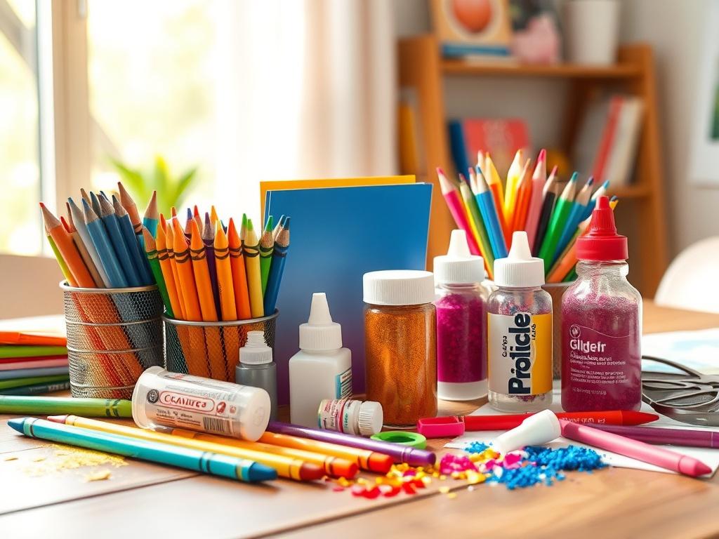 A vibrant and engaging image showcasing a collection of arts and crafts materials for children aged 2-5. The composition includes colorful crayons, markers, glitter, glue, and various types of paper, all arranged neatly on a wooden table. The background is softly blurred to emphasize the creative tools, with bright sunlight streaming in to create a warm and inviting atmosphere. The colors are bold and lively, appealing to young children and their parents.