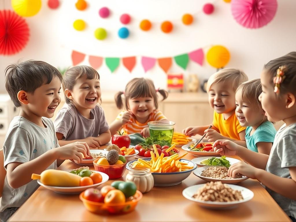 A vibrant and colorful scene of a group of children aged 5 and up sitting around a table during meal time. The table is filled with a variety of healthy and appetizing foods, including fruits, vegetables, and whole grains. The children are laughing and engaging with each other, showcasing joy and camaraderie. The background is bright and cheerful, featuring colorful decorations that create a warm and inviting atmosphere. The focus is on the children and the food, emphasizing a nurturing and friendly dining 
