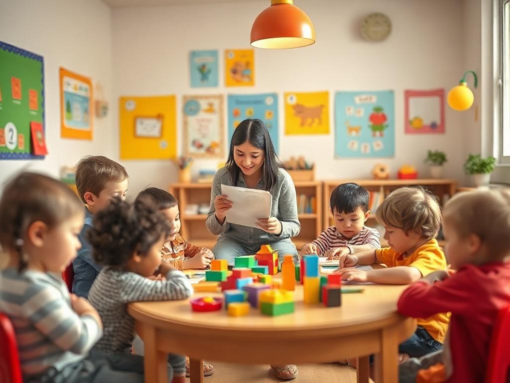 A warm and inviting classroom scene at a preschool, featuring a diverse group of young children engaged in various activities, such as reading, building blocks, and painting. The room is bright and colorful, with educational posters on the walls and a nurturing teacher guiding the children. The atmosphere is cheerful and lively, reflecting a safe and supportive environment for early learning. The composition should focus on the interaction between the children and the teacher, capturing the essence of early
