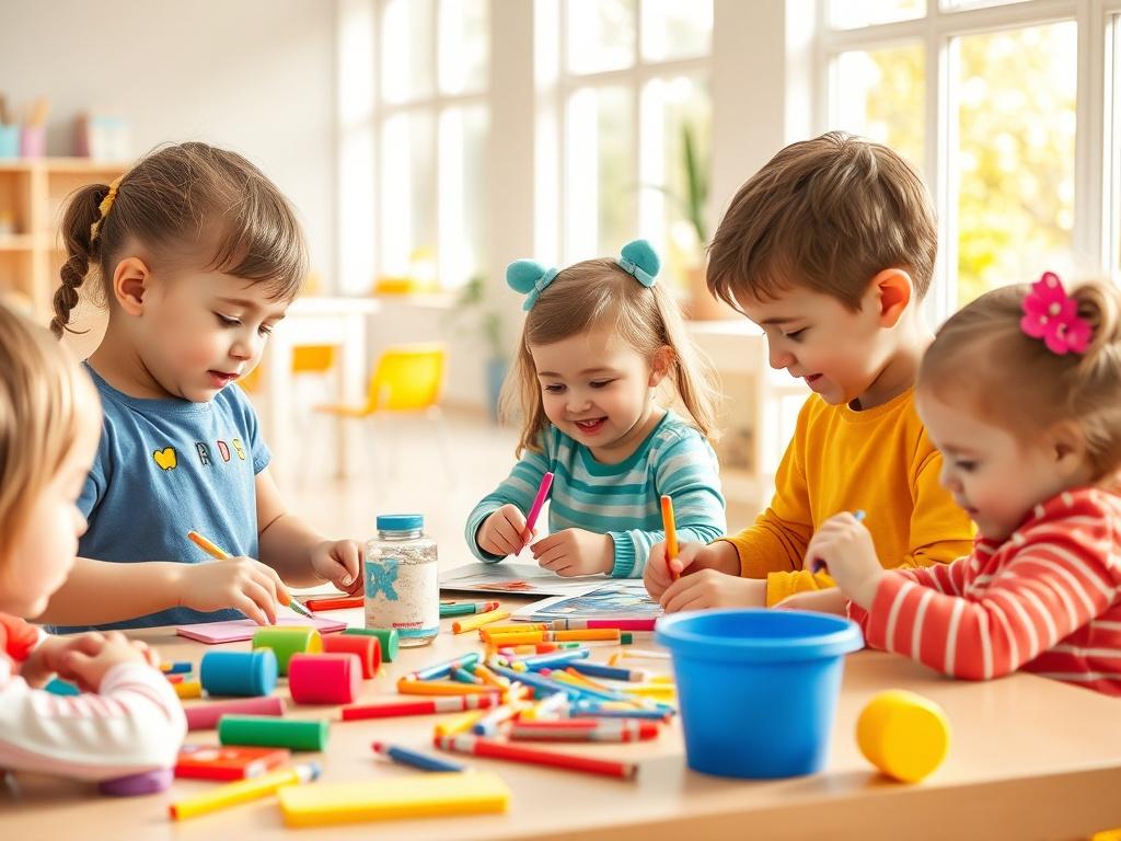A realistic high-resolution photo of a joyful group of children engaging in creative activities at a daycare. The scene should depict children aged 1 and up participating in arts and crafts, with bright colors and materials scattered around. The background should show a clean and inviting daycare environment, with sunlight streaming in through large windows, creating a warm and cheerful atmosphere.