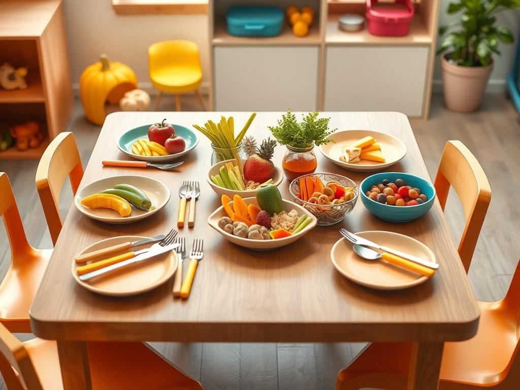 A beautifully arranged table with healthy meals suitable for young children, featuring colorful fruits, vegetables, and whole grains. The table setting is cheerful and inviting, with bright plates and utensils designed for kids. The background should be a daycare environment, showcasing a clean and safe space for children to enjoy their meals. The image should have vibrant colors and minimalistic design, focusing on essential elements that highlight nutritious dining.