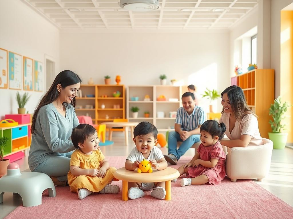 A serene and safe daycare environment showcasing children happily interacting with caregivers and each other. The setting is bright and cheerful, with colorful play areas, toys, and comfortable seating. Caregivers are attentively engaging with the children, promoting a sense of safety and support. The image should have vibrant colors and minimalistic design, emphasizing a welcoming and nurturing atmosphere.