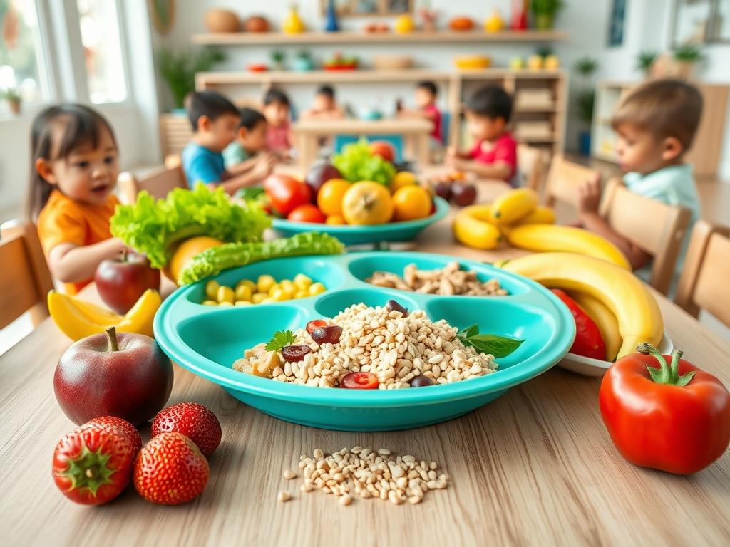 A vibrant, healthy meal plate for children, featuring colorful fruits,