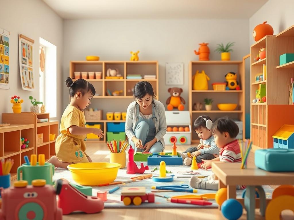 A warm, inviting daycare room filled with colorful toys and