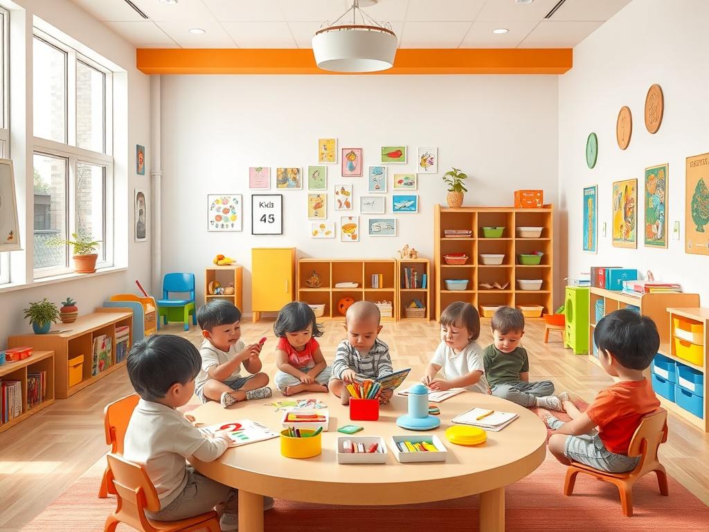 A lively daycare environment with preschool-aged children participating in group activities such as reading circles and creative projects. The space is filled with colorful educational materials, showcasing a fun and engaging learning atmosphere.