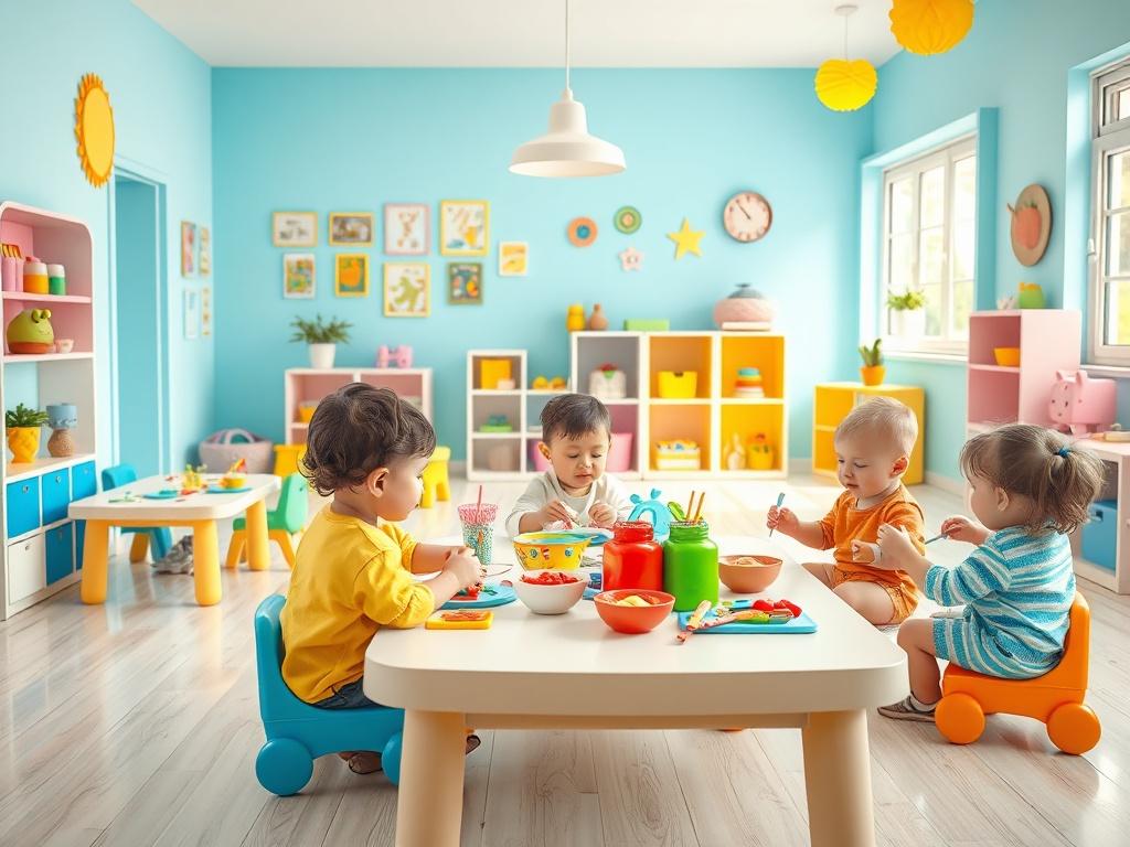 A vibrant and welcoming daycare setting with toddlers engaged in various activities like painting, playing with toys, and enjoying healthy meals. The room is bright and colorful with cheerful decorations, allowing for a lively atmosphere that promotes learning and play.